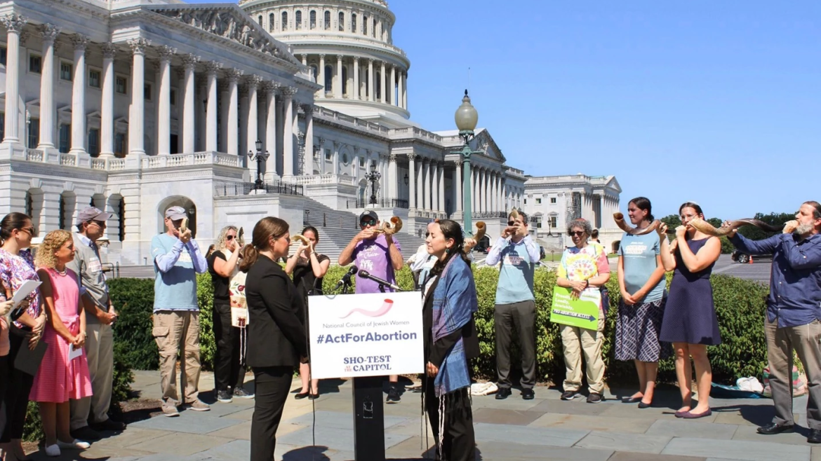A group gathers for “Sho-Test at the Capitol,” a shofar protest for abortion access hosted by National Council of Jewish Women. (Photo courtesy of National Council of Jewish Women)