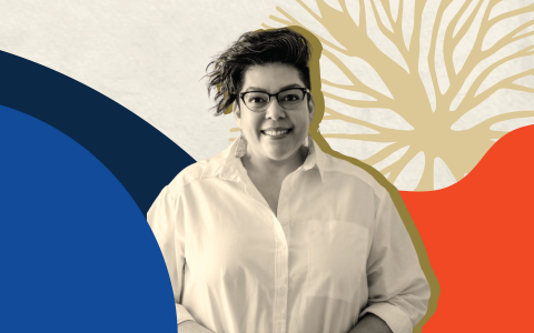 Headshot of Anathea Chino, Executive Director of Advance Native Political Leadership (Adavance), set against blue, red, cream and light brown abstract graphics.